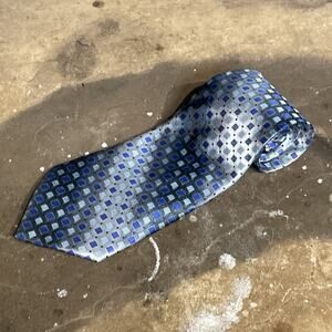 Kai Long Tie 100% Silk Blue Square And Dot Pattern Handmade